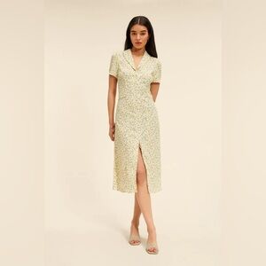 Rouje Marin Button Up Midi Dress in Yellow Ditzy Floral Print Size 34 FR or 2 US